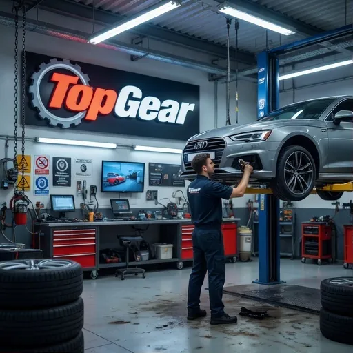 Автосервис TopGear — механик работает в цеху с фирменным логотипом